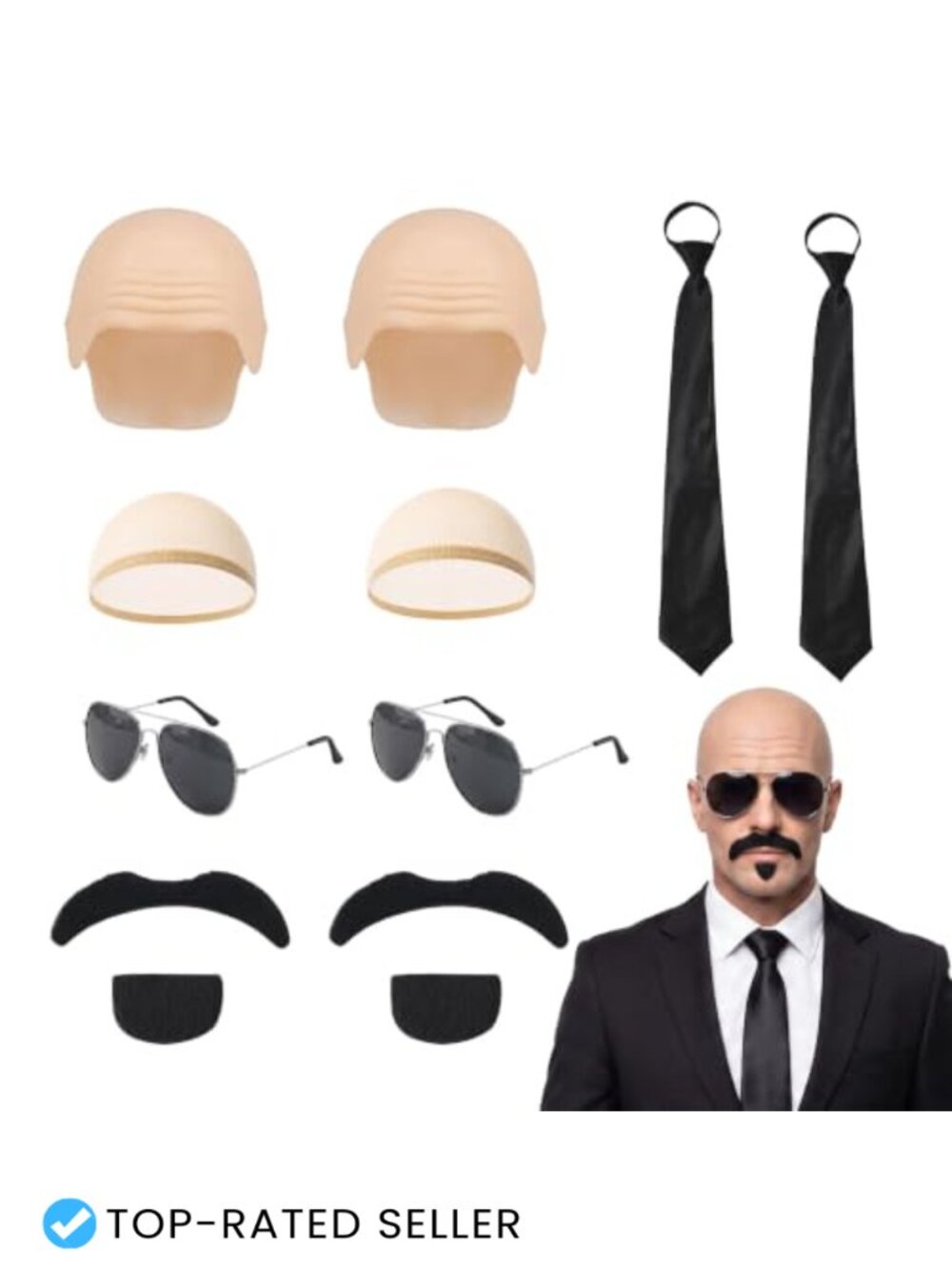 2-Pack Adult Costume Set Bald Cap Wig Cap Sunglasses Tie Mustache